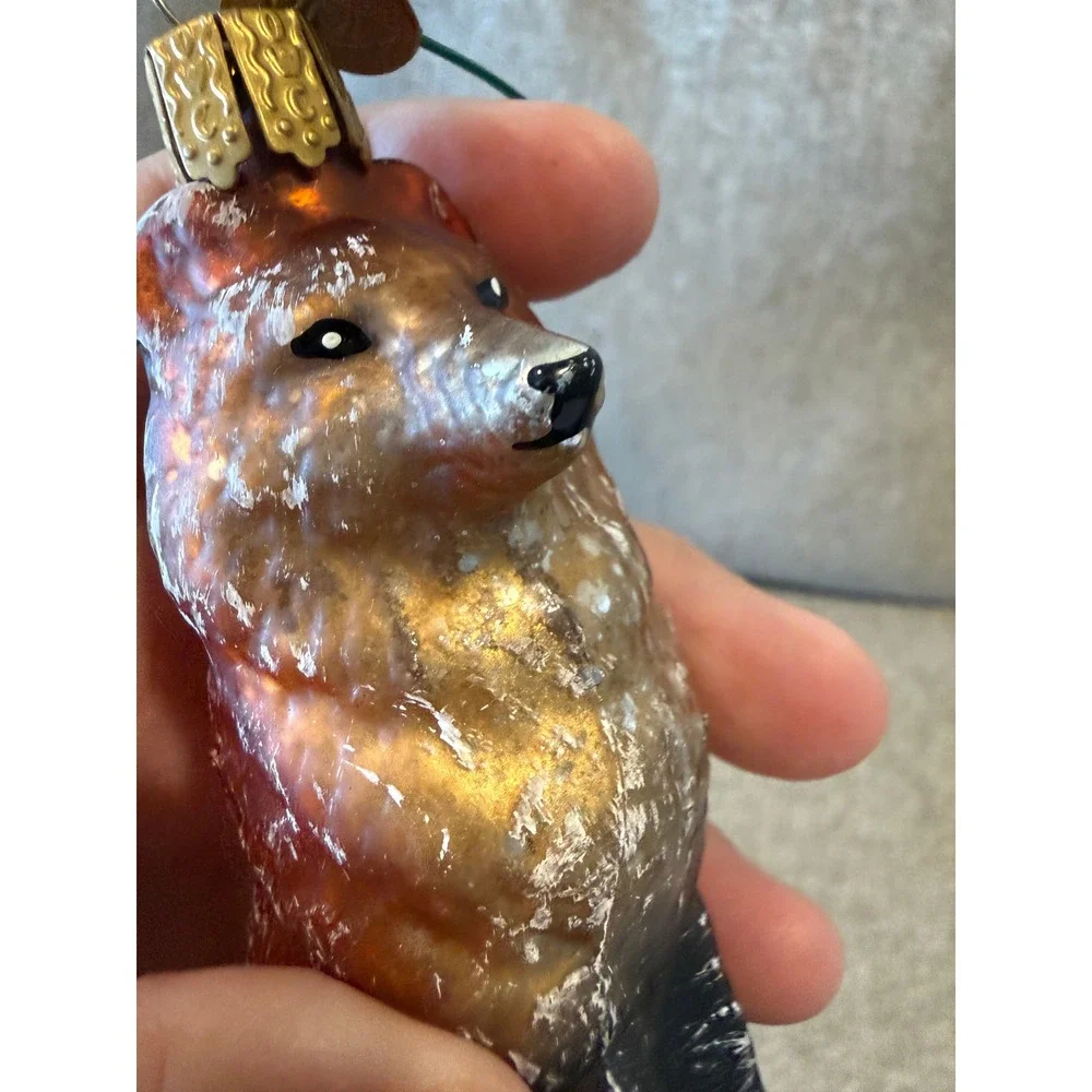 Old World Christmas Red Fox Glass Ornament Faux Fur Tail Metallic Orange Gold